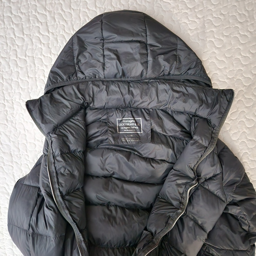 Large 40" Charcoal Gray DOWN FOWL Filled Puffer Jacket w/ Hood Packable Lucky - Picture 5 of 10